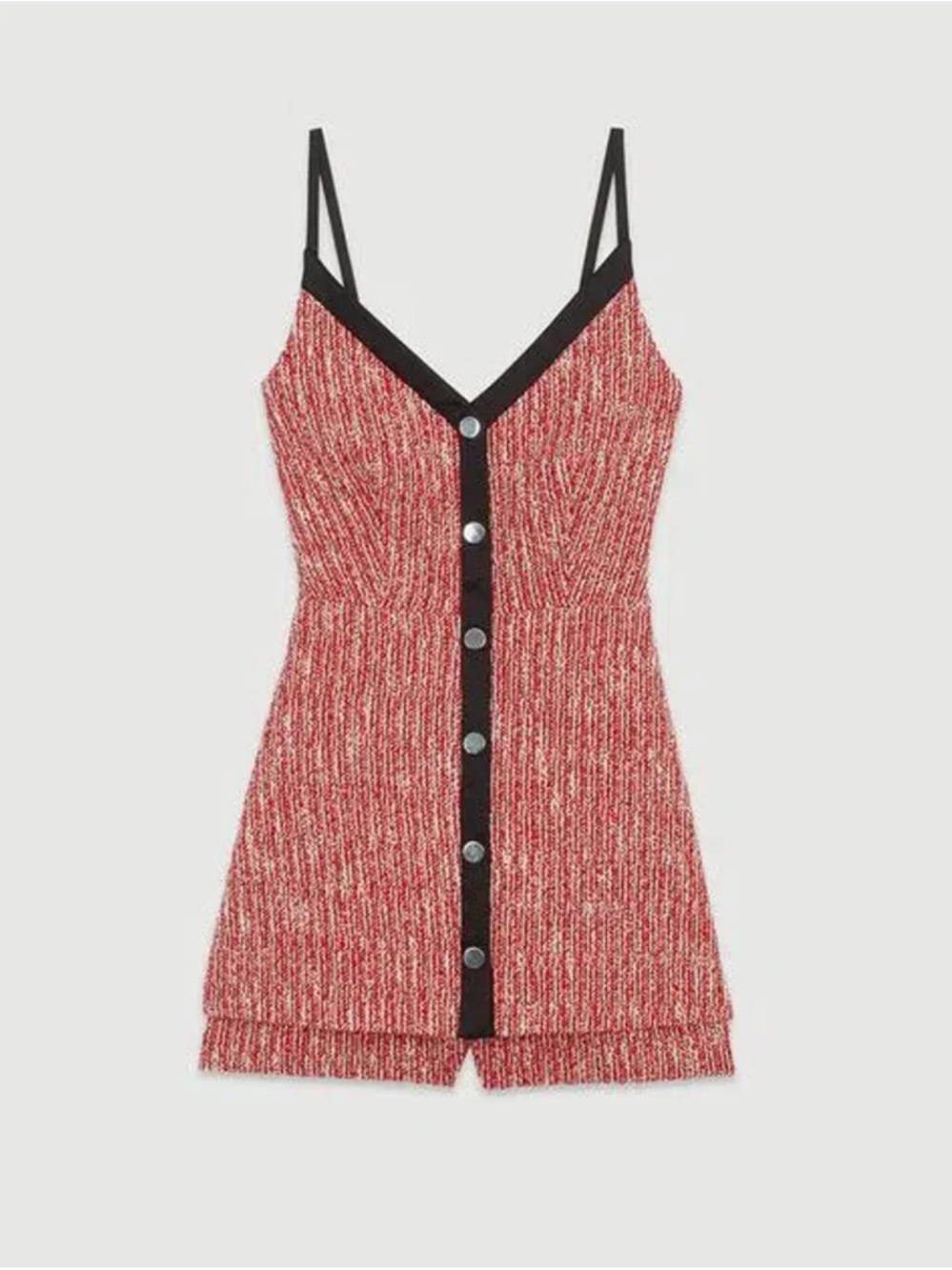 Maje Rever Tweed Cotton Blend Skirt Overlay Romper in Red with Black Trim